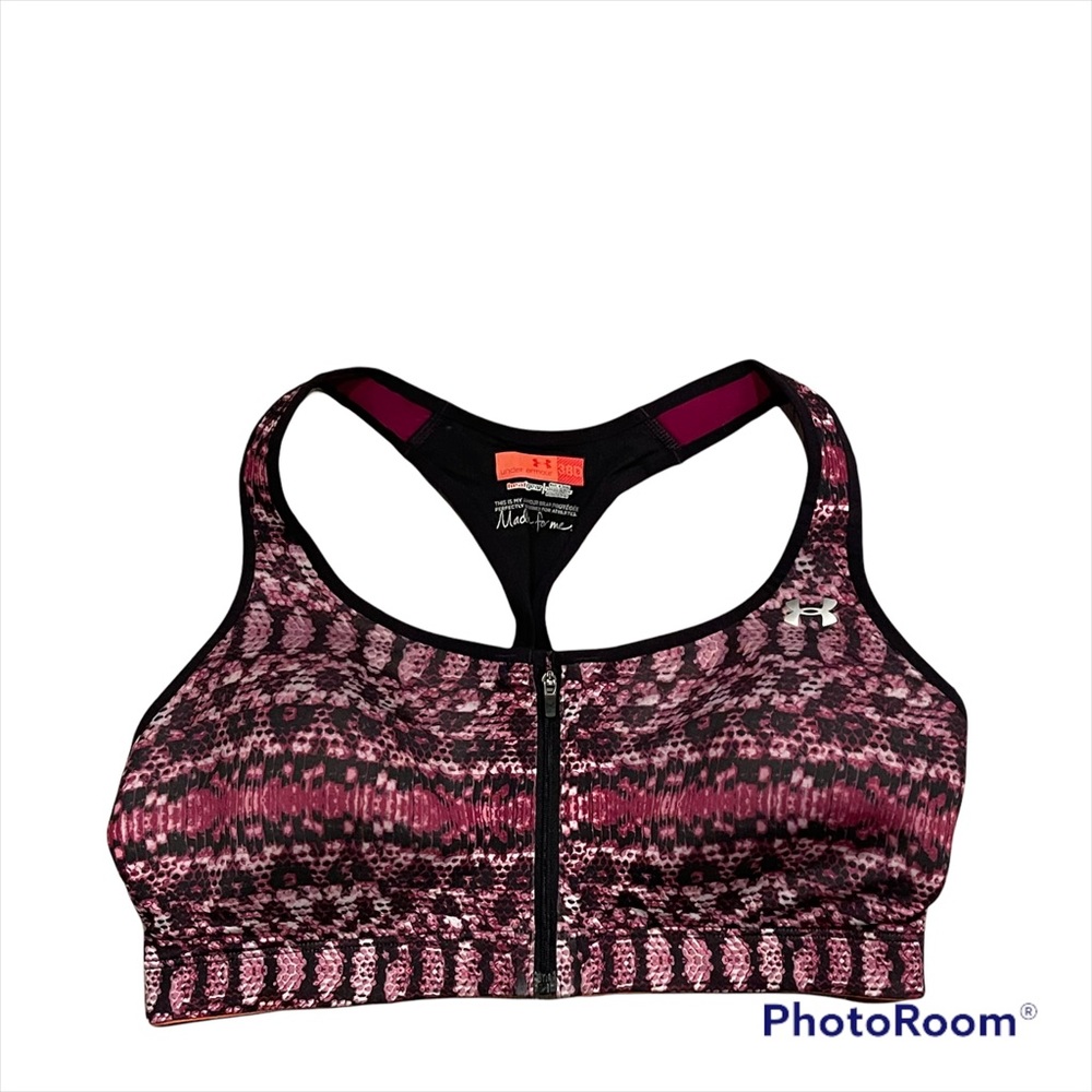 Under Armour Zip Front Racerback Sports Bra size 38D Preowned animal print